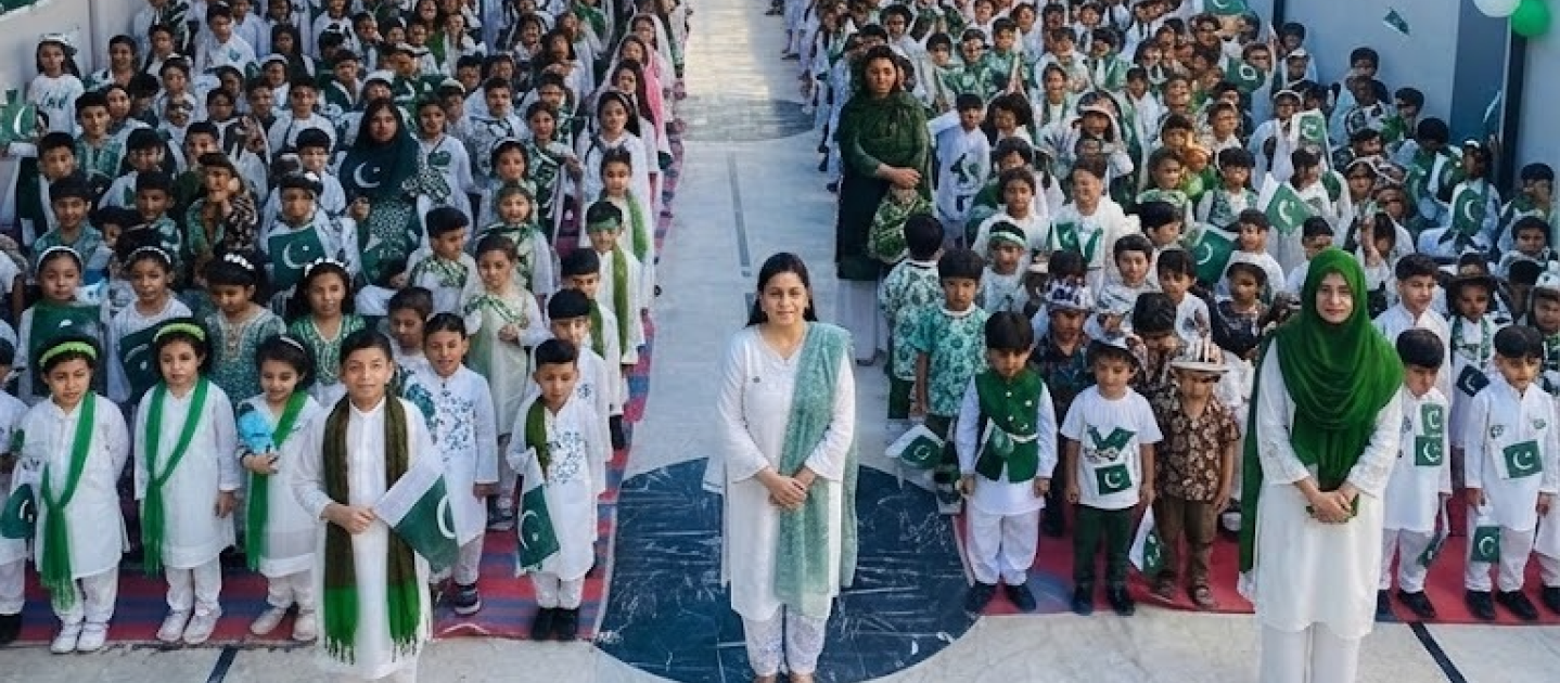 Students in assembly formation with flags at Metropolitan School
